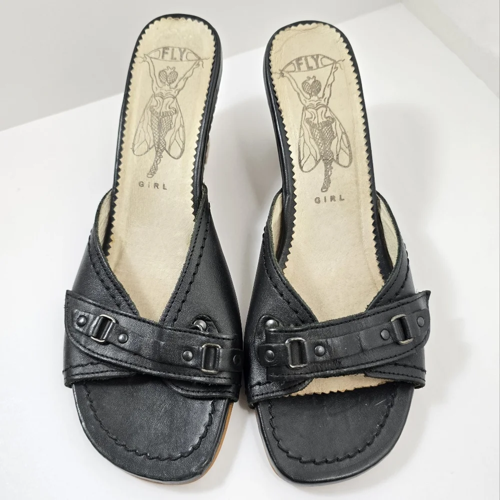 Fly London Gril  Black Wedge slip-on mules Dress Shoes size 39